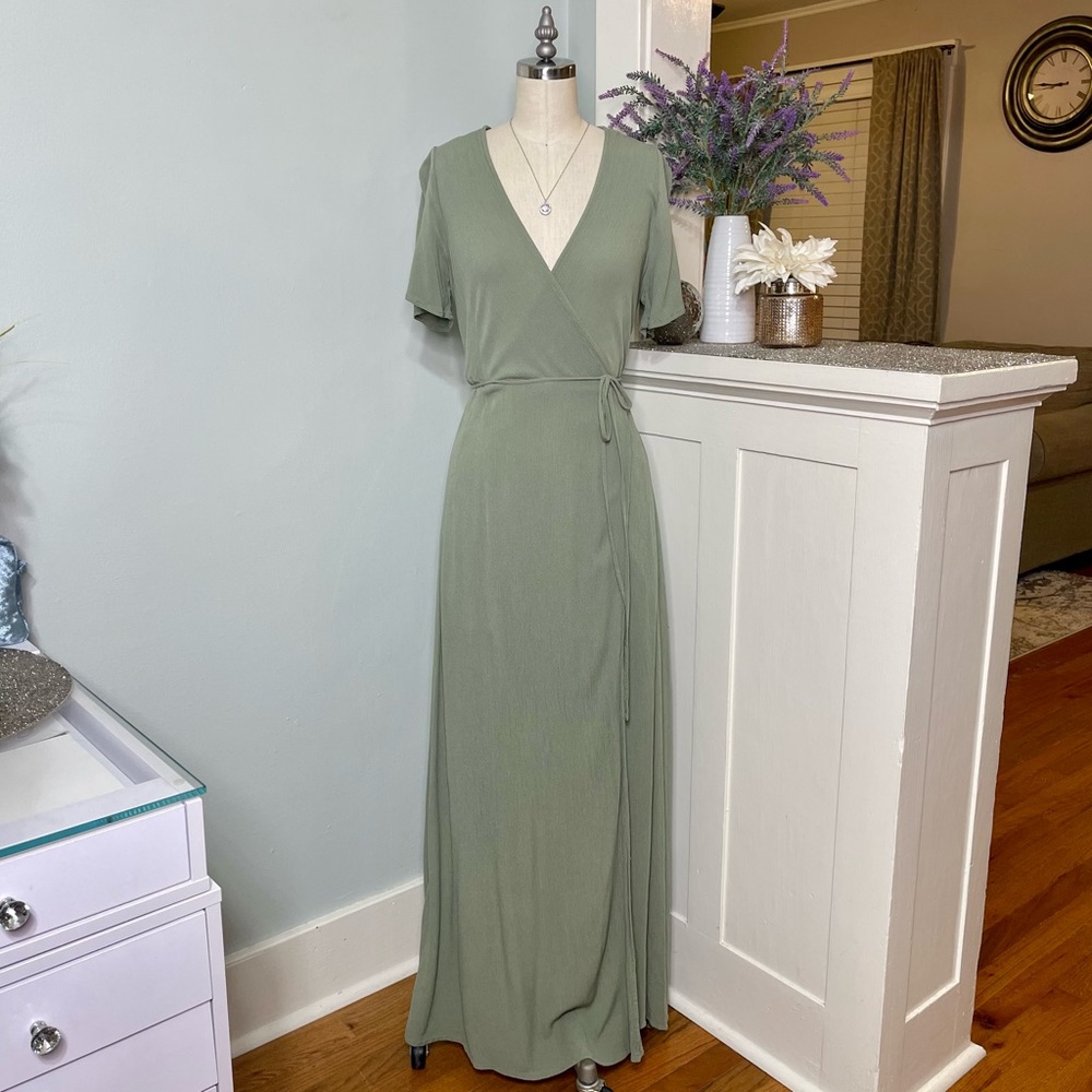 Lulu’s Much Obliged Wrap Maxi Dress Gauzy Flowy Casual Spring Summer Green Small - Picture 6 of 15